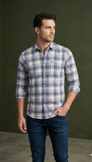 Man wearing a casual blue checks shirt by BSG Garments