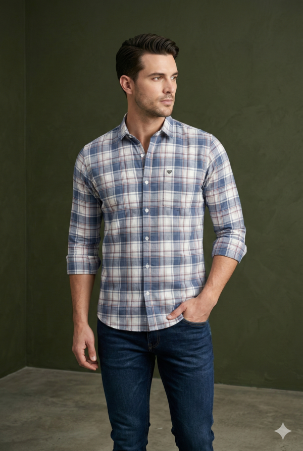 Man wearing a casual blue checks shirt by BSG Garments