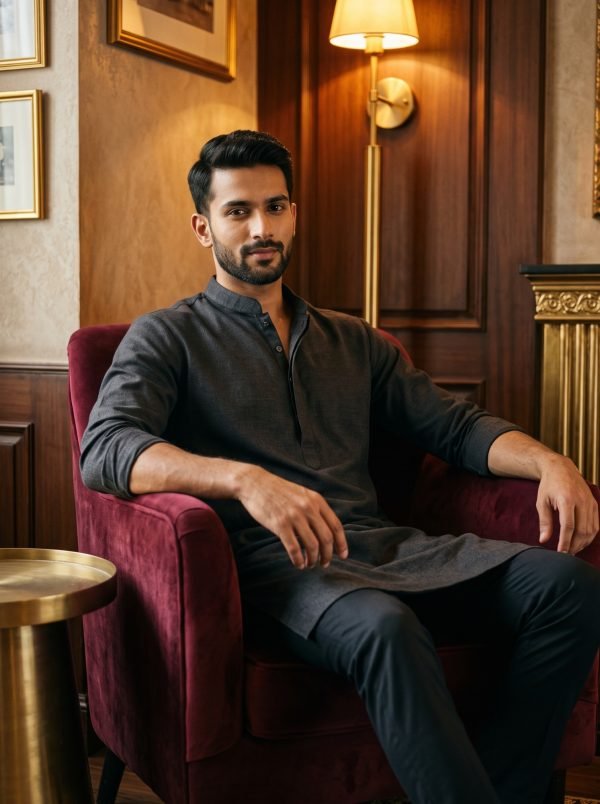 Charcoal Mandarin Collar Kurta — alternate view