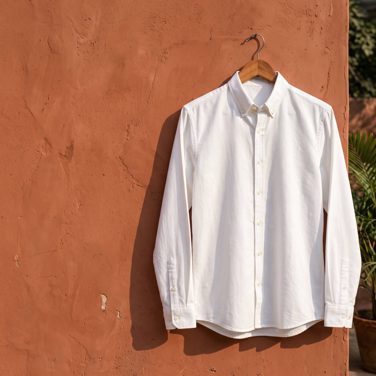 White classic oxford shirt on a hanger against a terracotta wall